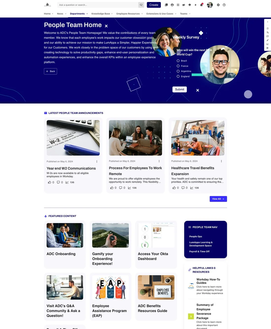 Full redesigned People Team Home: dark branded hero with welcome message and weekly survey, announcement cards, featured content grid and People Team navigation