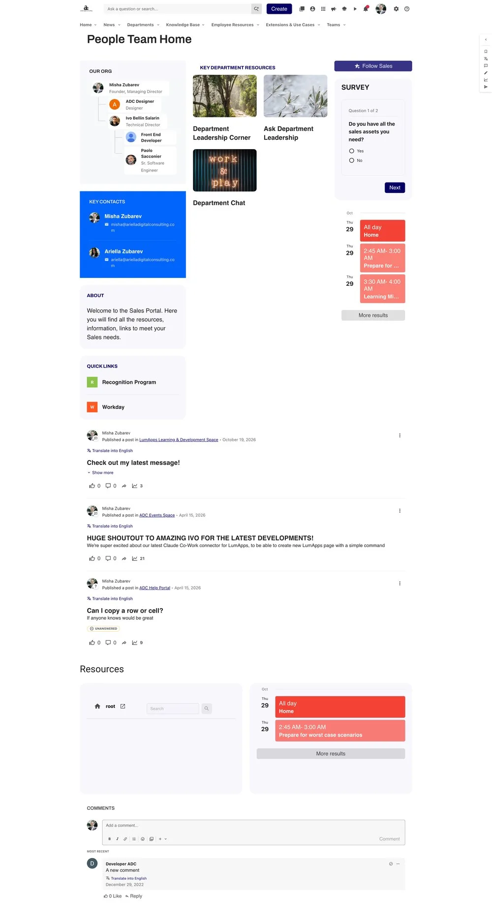 Full original People Team page: plain white layout with org chart, key contacts, about box, quick links, posts, resources and comments