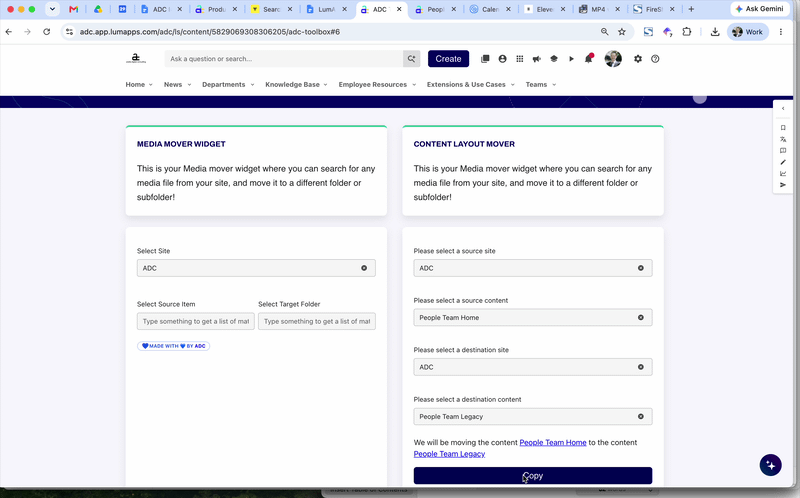 Screen recording: an administrator selects People Team Home as the source and People Team Legacy as the destination, clicks Copy, and the page takes on the new layout