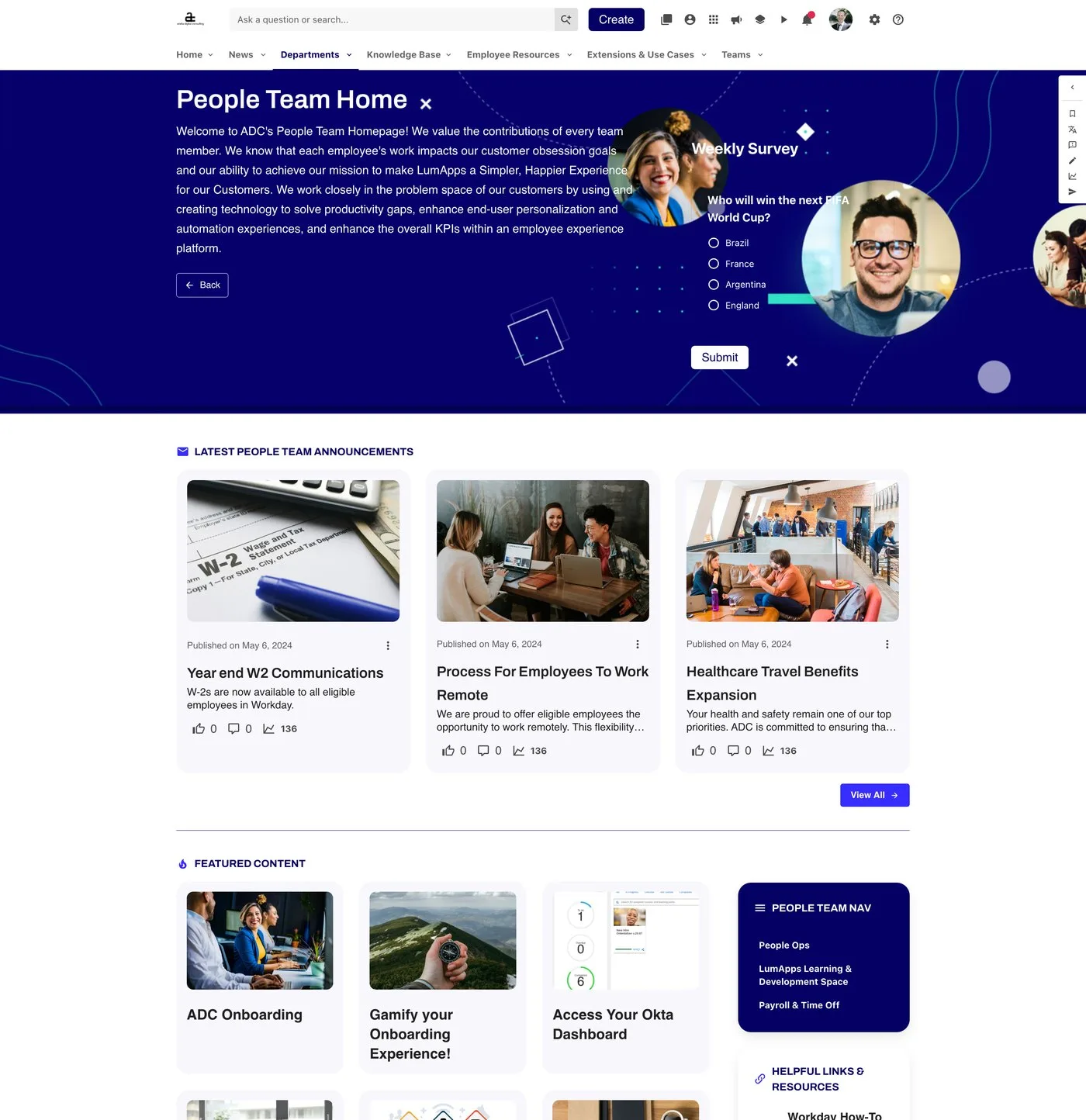 Redesigned People Team Home: branded dark hero with a welcome message and weekly survey, announcement cards and a featured content grid