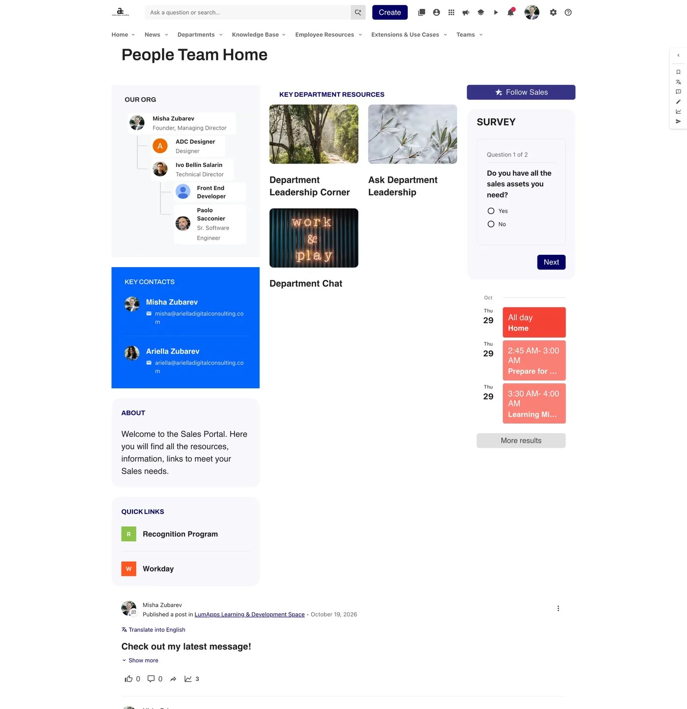Current People Team page: plain white layout with an org chart, key contacts, about box, quick links and a list of posts
