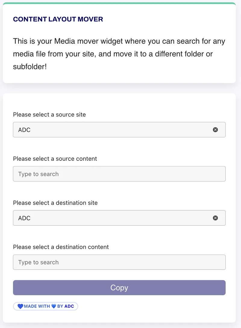 The Content Layout Mover widget with source and destination Site and Content selectors and a Copy button