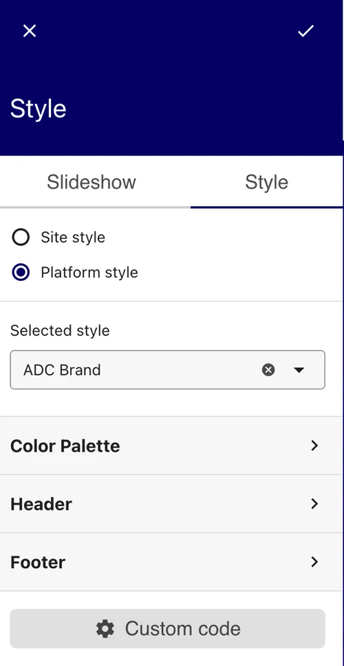 LumApps Style settings with Platform style selected and ADC Brand chosen as the selected style