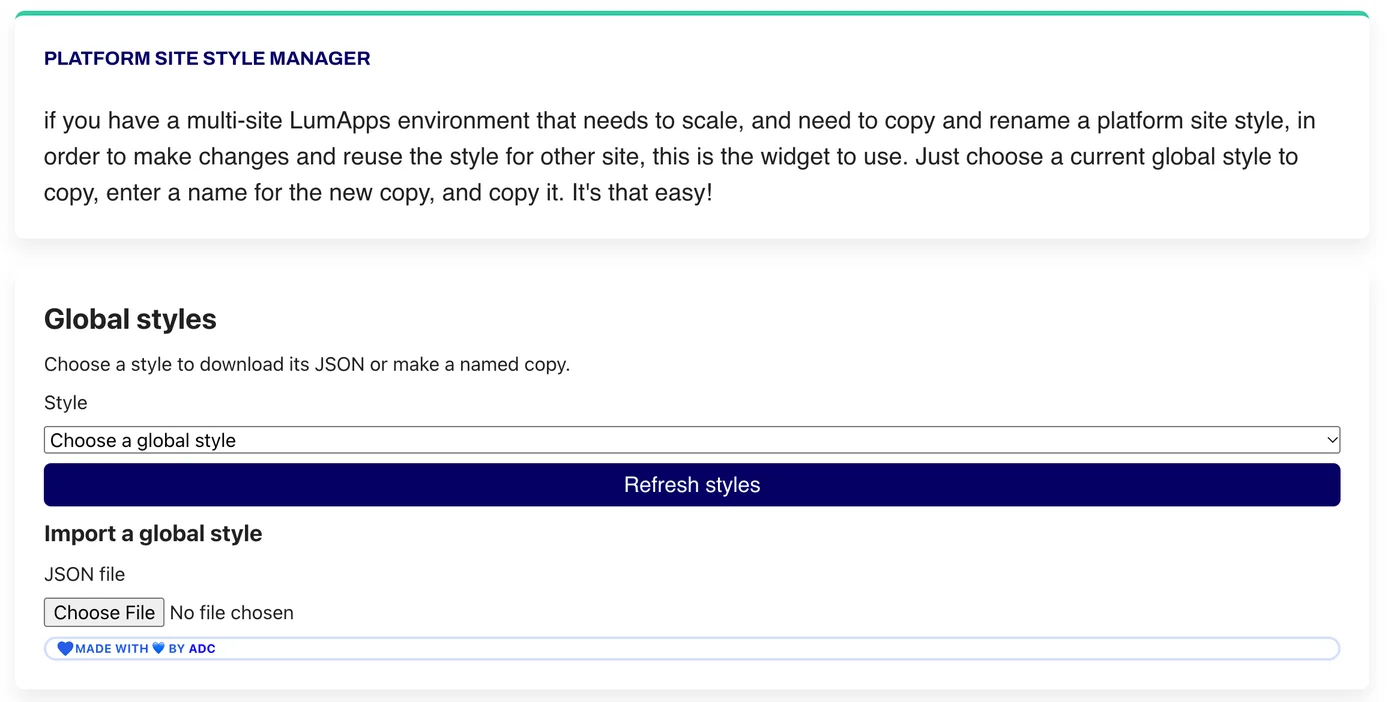 The Platform Style Manager widget: a Global styles picker, a Refresh styles button and an option to import a global style from a JSON file