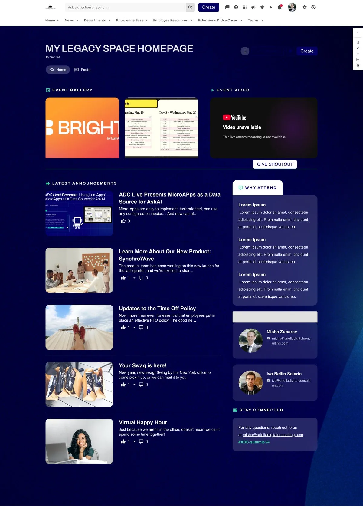 Full new Space homepage: branded dark design with event gallery, event video, latest announcements, Why Attend panel, contact cards and Stay Connected section