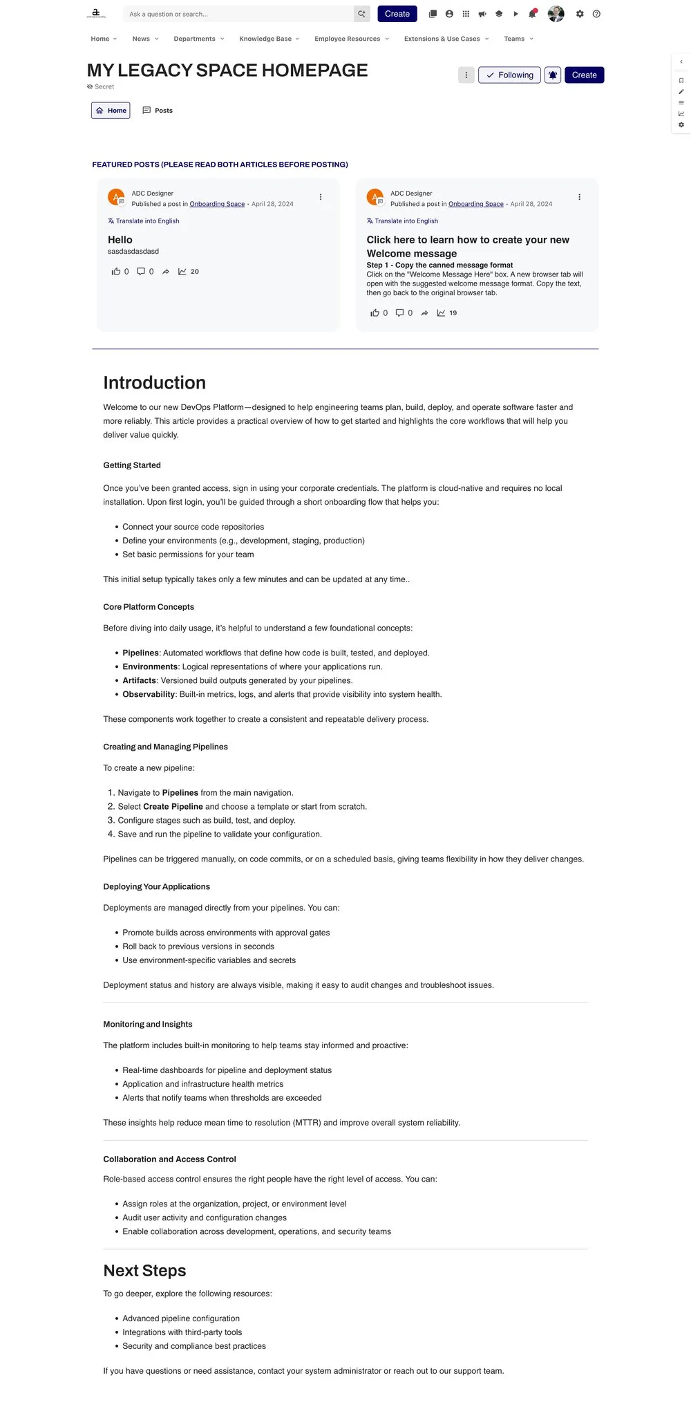 Full legacy Space homepage: plain white layout, two featured posts and a long text-only introduction article