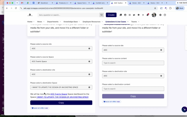 Screen recording: an administrator selects ADC Events Space as the source and an existing Space as the destination, clicks Copy, and the destination Space homepage takes on the new layout
