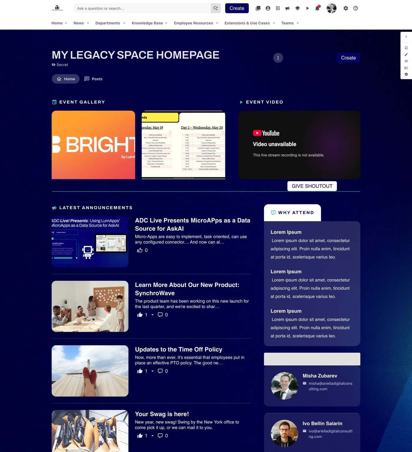 New Space homepage: branded dark layout with event gallery, event video, latest announcements, Why Attend panel and contact cards