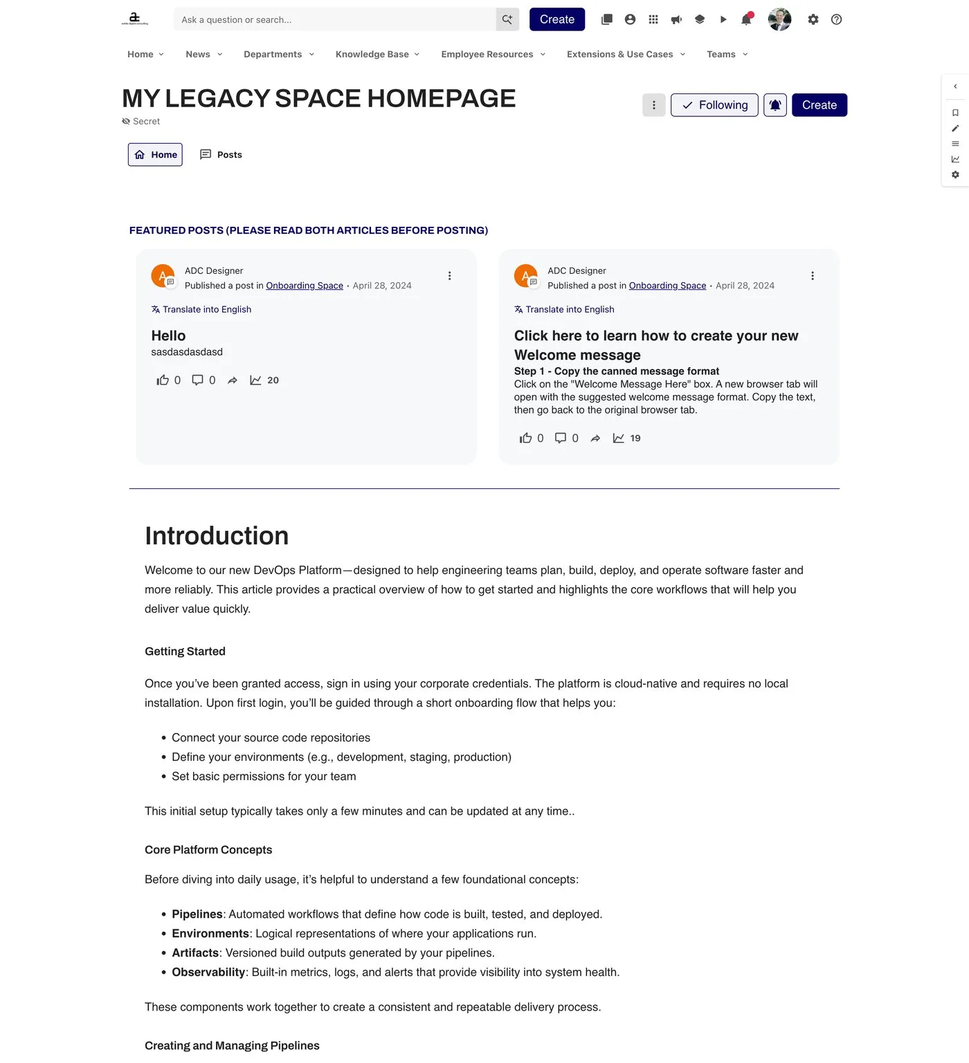 Legacy Space homepage: plain white layout with two featured posts and a long text article