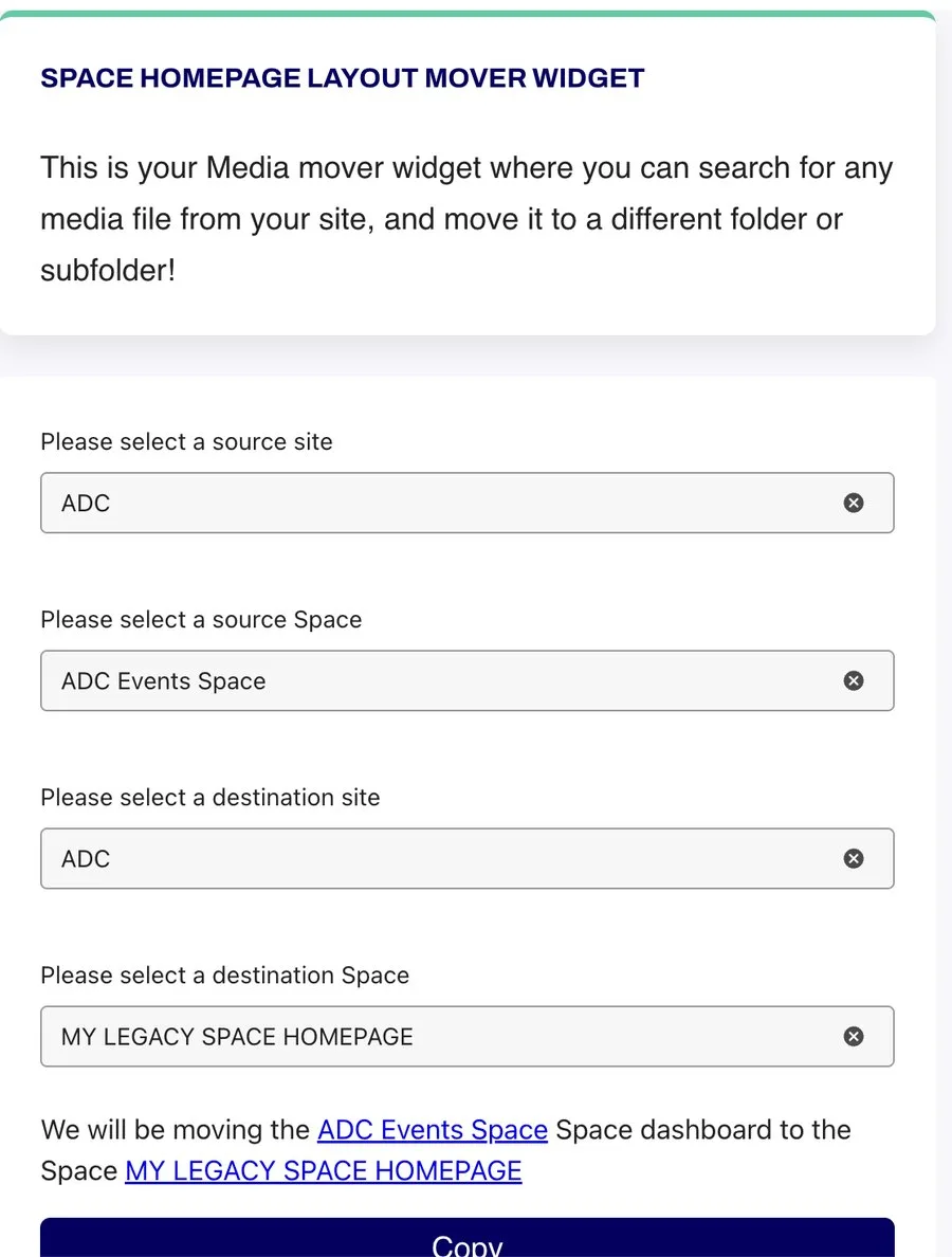 The Space Homepage Layout Copier widget with source and destination Site and Space selectors and a Copy button